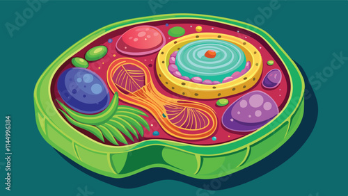 Colorful vector illustration of a cell showcasing organelles, structures, and vibrant colors depicting biological functions and processes