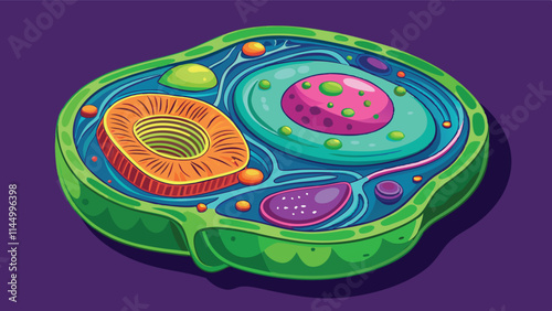 Colorful vector illustration of a cell showcasing organelles, structures, and vibrant colors depicting biological functions and processes