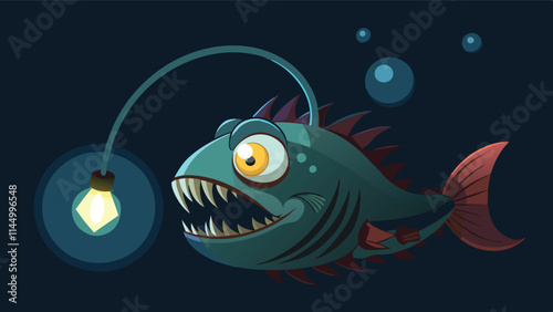 Anglerfish with glowing lure caught on fishing line against a dark underwater background