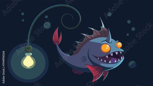 Anglerfish with glowing lure caught on fishing line against a dark underwater background