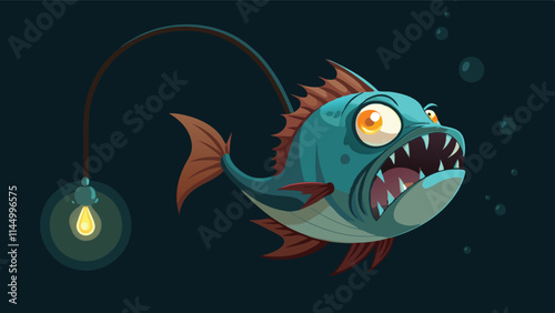 Anglerfish with glowing lure caught on fishing line against a dark underwater background