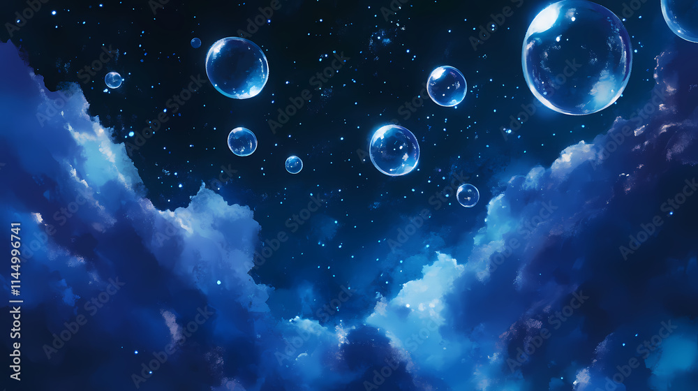 A bunch of blue bubbles floating in the air. Etherean. Illustration