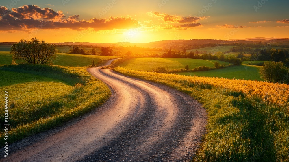 Winding country road leading through fields at sunset Winding country road leading through fields at sunset