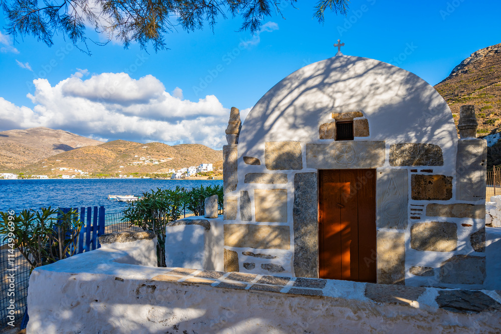 Small church on sea coast in Katapola bay, Amorgos island, Cyclades, Greece