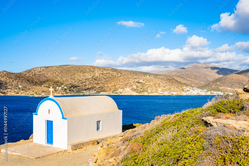 Small church on sea coast in Katapola bay, Amorgos island, Cyclades, Greece
