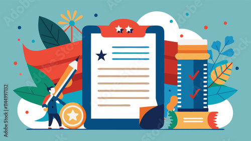 Creative vector design showcasing a checklist and writing process with vibrant colors and elements of achievement