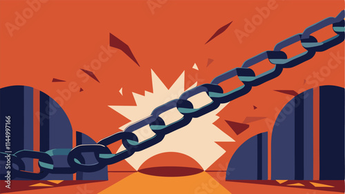 Colorful vector graphic illustrating a broken chain with dynamic shapes and bursts on an orange background symbolizing disruption and freedom