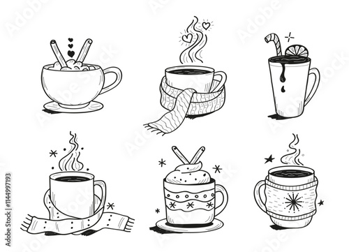 Christmas hot drinks set. Collection of winter alcoholic beverages including mulled wine