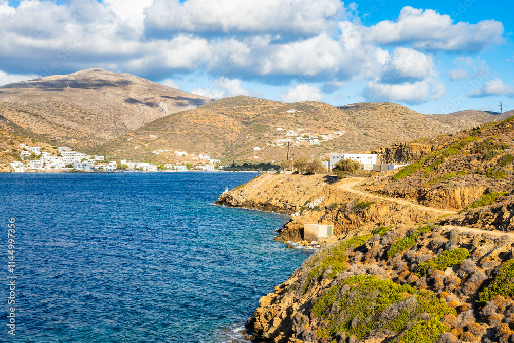 Beautiful sea coast with mountains in Katapola bay at sunset time, Amorgos island, Cyclades, Greece