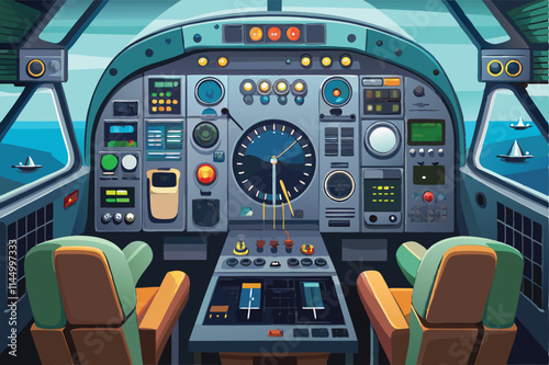 Modern aircraft cockpit interior design with focus on controls, displays, and seating arrangements for a flight at dusk