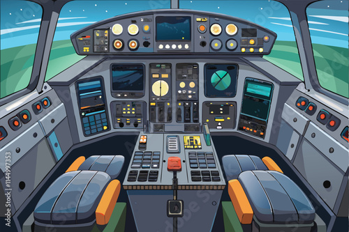 Modern aircraft cockpit interior design with focus on controls, displays, and seating arrangements for a flight at dusk