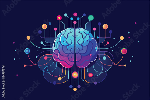 Exploring the link between technology and human cognition through a vibrant vector illustration of a brain connected to colorful digital nodes