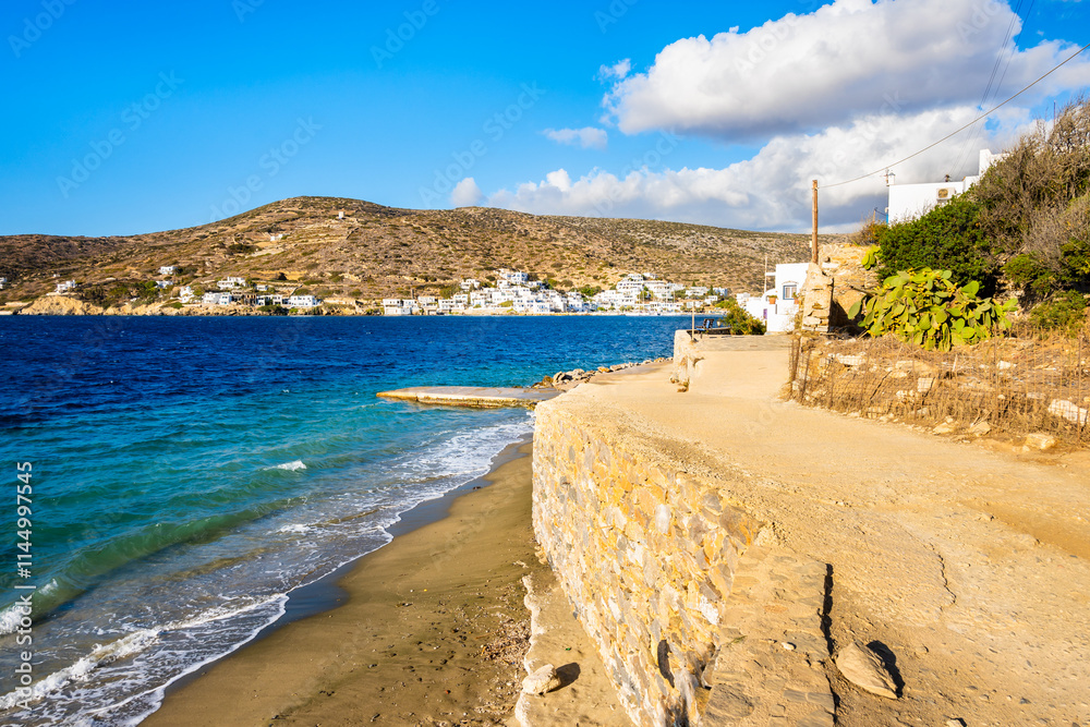 Beautiful sea coast with mountains in Katapola bay at sunset time, Amorgos island, Cyclades, Greece