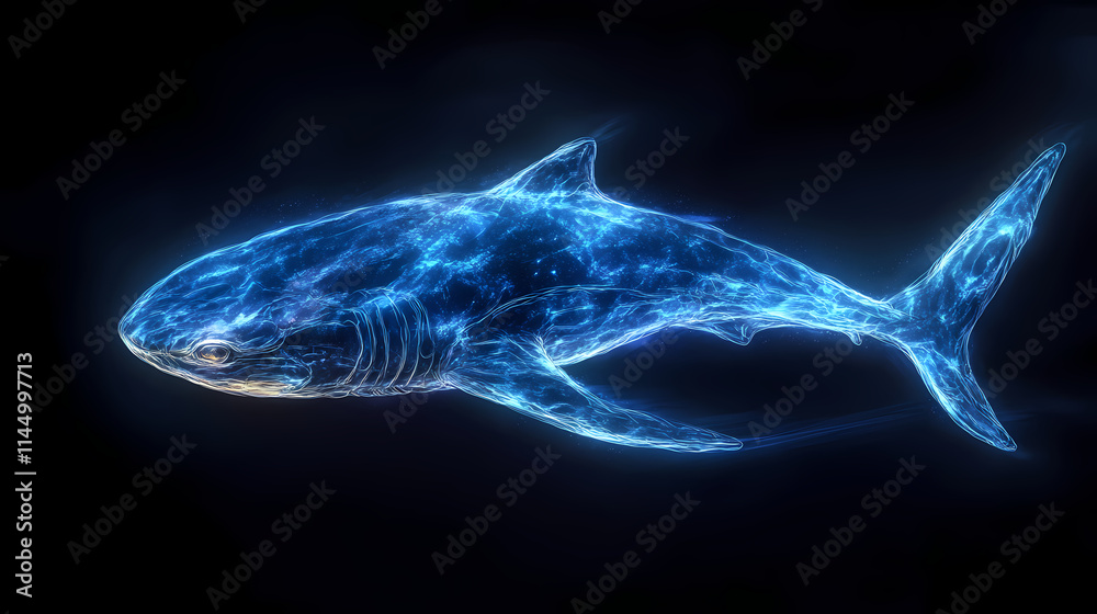 A photorealistic depiction of a bioluminescent shark swimming in the deep ocean, its body glowing with an ethereal light against the inky blackness. Etherean. Illustration A photorealistic depiction of a bioluminescent shark swimming in the deep ocean, its body glowing with an ethereal light against the inky blackness. Etherean. Illustration