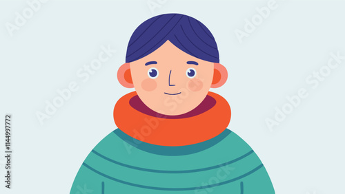 Cheerful young person dressed warmly in cozy attire with a playful hairstyle against a simple blue background