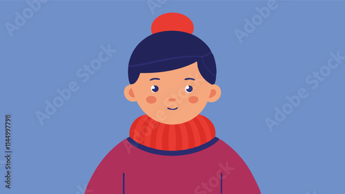 Cheerful young person dressed warmly in cozy attire with a playful hairstyle against a simple blue background