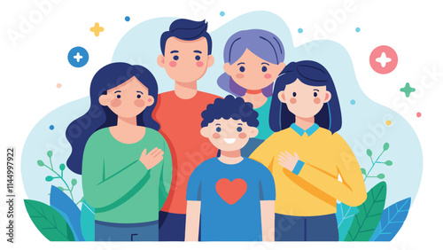 Group of cheerful friends standing together with joyful expressions in a vibrant illustrated style