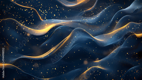 A shimmering abstract design with flowing golden waves and sparkling particles on a dark background. ethereal. illustration. Etherean. Illustration photo