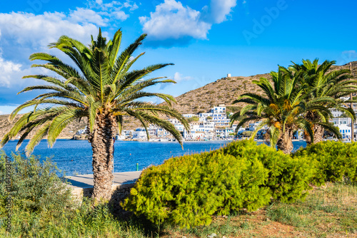 Palm trees and sea view in Katapola port, Amorgos island, Cyclades, Greece photo