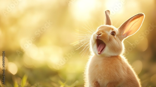 Adorable brown pet rabbit or bunny grinning and giggling, isolated with copy space for an Easter backdrop. Generative Ai