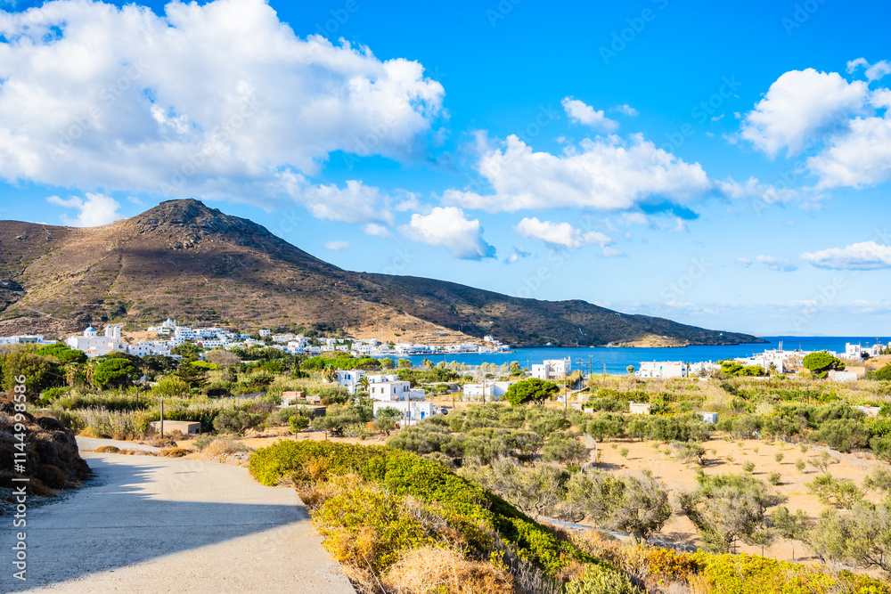 Road from Katapola port to Chora village in mountain landscape, Amorgos island, Cyclades, Greece