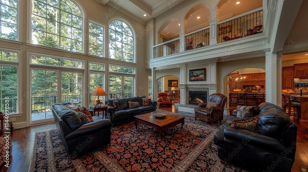 Obraz premium Luxurious two-story living room with high ceilings, large windows, fireplace, and leather furniture.