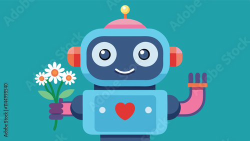 Friendly robot holding a bouquet of colorful flowers in a cheerful digital landscape