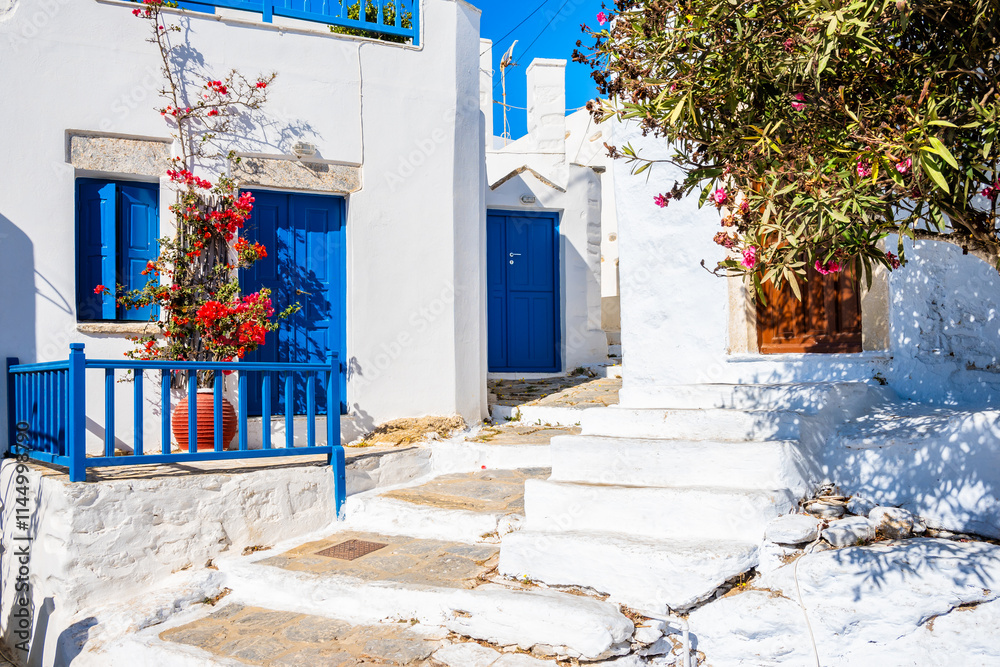 Typical architecture of Greek style houses in Chora village, Amorgos island, Cyclades, Greece