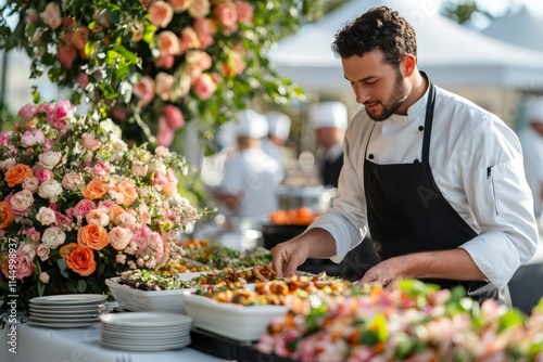 Chef arranging food on buffet table for outdoor event with flower decorations