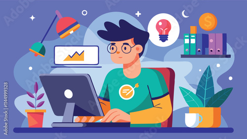 Young man working on a computer in a modern home office, focusing on tasks with plants and books in the background during daylight hours