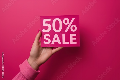 Studio photograph showing a woman's hand clutching an advertisement announcing a 50% Sale including space for content, Generative AI.