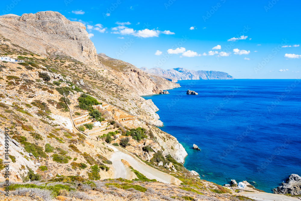 View of mountains and sea coast near Agia Anna beach, Amorgos island, Cyclades, Greece