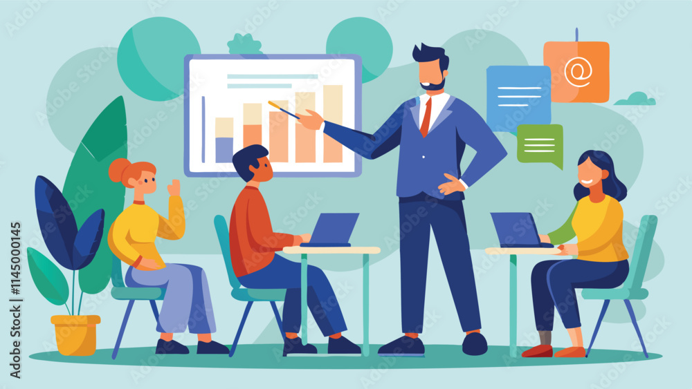 Business team discussing data analysis in a modern office setting with charts and a laptop present Business team discussing data analysis in a modern office setting with charts and a laptop present