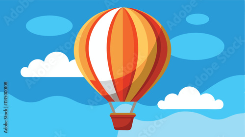 Colorful hot air balloon soaring through a bright blue sky surrounded by fluffy clouds during a sunny day