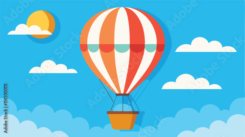 Colorful hot air balloon soaring through a bright blue sky surrounded by fluffy clouds during a sunny day