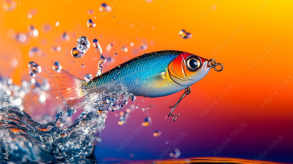 Vibrant Fishing Lure in Mid-Air with Water Splash Vibrant Fishing Lure in Mid-Air with Water Splash