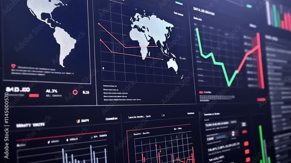 Global financial dashboard with interactive charts and real-time data on a futuristic digital interface.