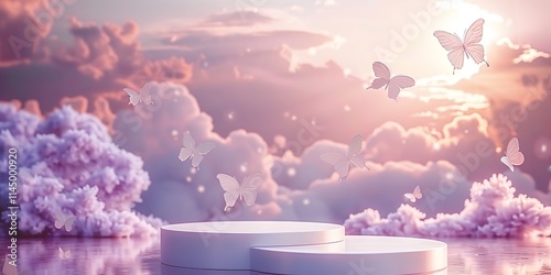 A promotional layout with an exclusive white pedestal surrounded by a field of white clouds beneath a sky composed of pale purple and pinkish, Generative AI.