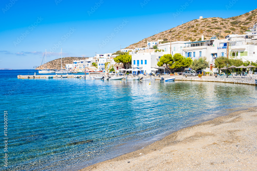 Beach view and houses in Katapola port, Amorgos island, Cyclades, Greece
