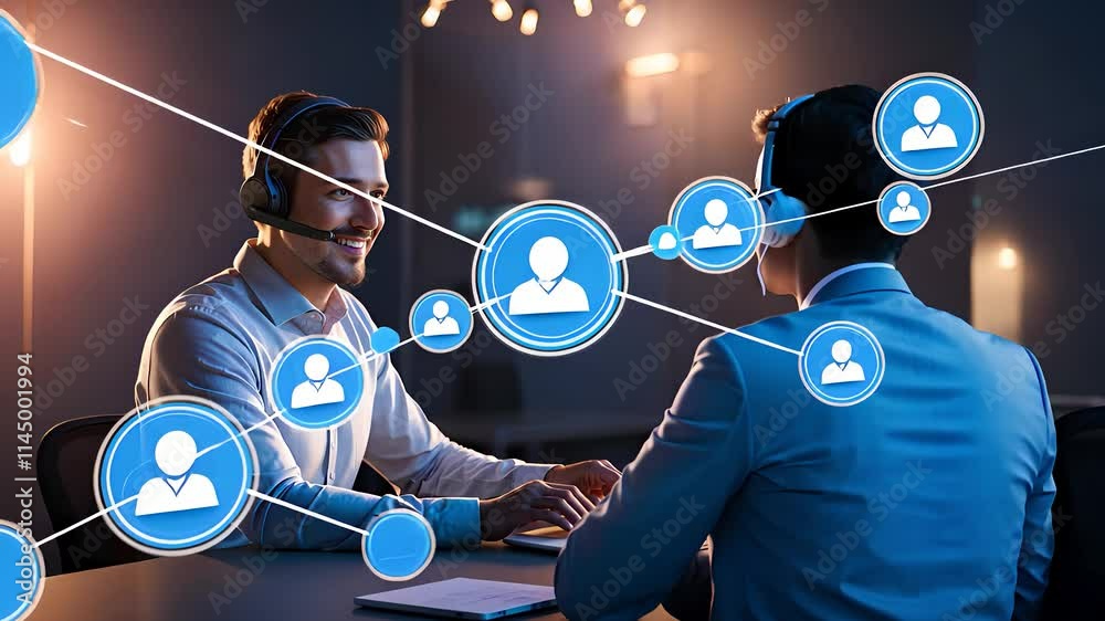 Business Professionals Using Digital Communication Network with Connected Icons and Modern Technology

