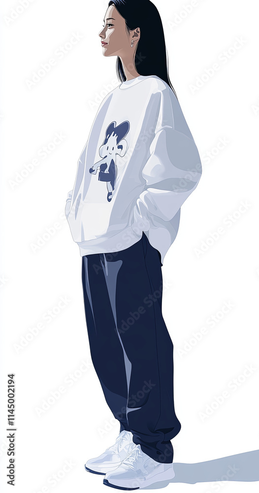 Stylish woman in white sweatshirt and dark pants, casual pose. Stylish woman in white sweatshirt and dark pants, casual pose.