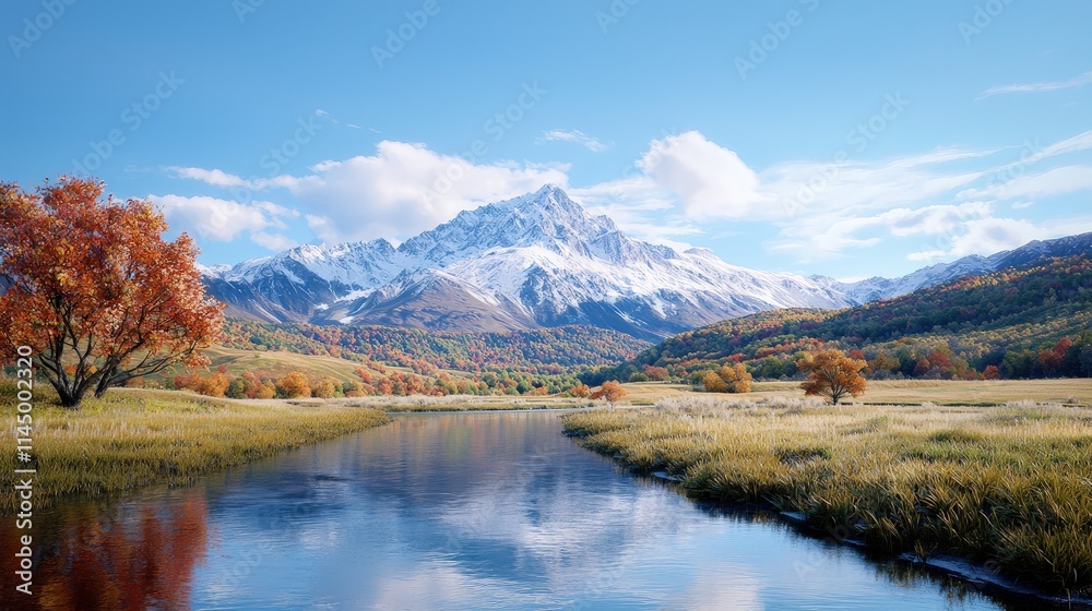 Autumnal stream reflecting snow-capped mountains. Autumnal stream reflecting snow-capped mountains.