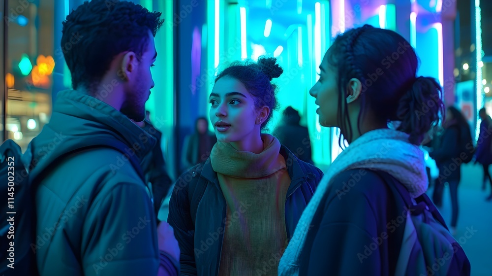Diverse group of friends talking under neon lights in an urban night setting