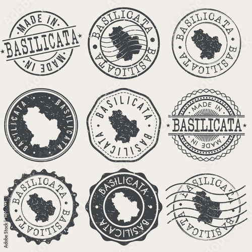 Basilicata, Italy Set of Stamps. Country Travel Marks. Made In Product. Design Seals Old Style Insignia.