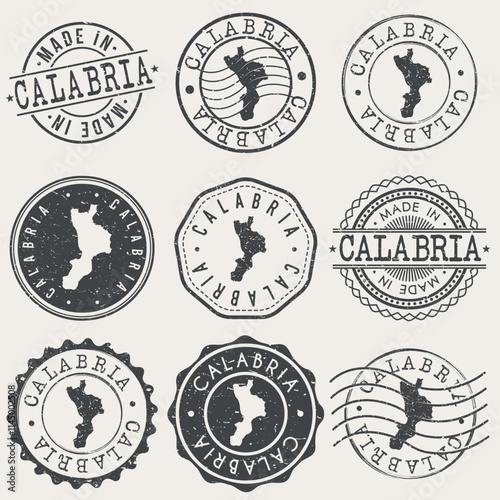Calabria, Italy Set of Stamps. Country Travel Marks. Made In Product. Design Seals Old Style Insignia.