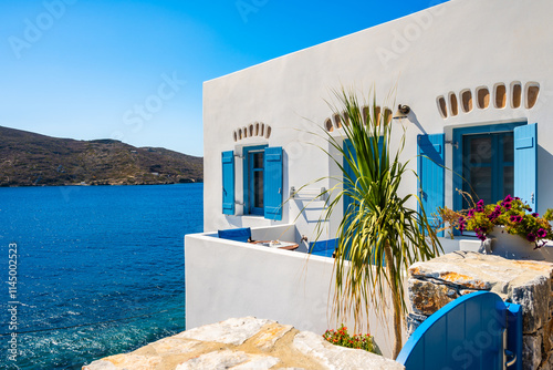 Obraz na płótnie Typical Greek style apartments on sea coast in Katapola village, Amorgos island, Cyclades, Greece w salonie