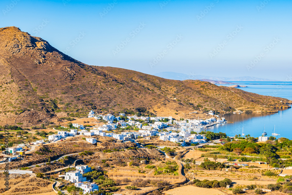 View of Katapola bay and port with mountains in background, Amorgos island, Cyclades, Greece