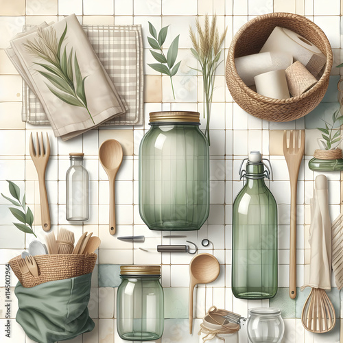 Nature inspired zero waste kitchen tiles concept as A flat lay of watercolor seamless kitchen tiles displaying zero waste kitchen items like glass jars cloth towels and bamboo utensils in soft pastel  photo