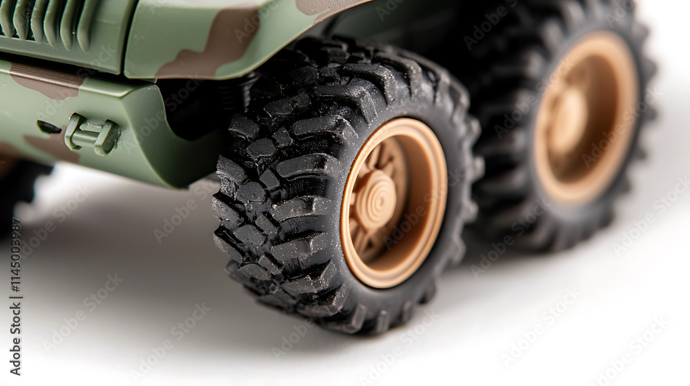 Close up of toy vehicle wheels with rugged tires on white background Close up of toy vehicle wheels with rugged tires on white background