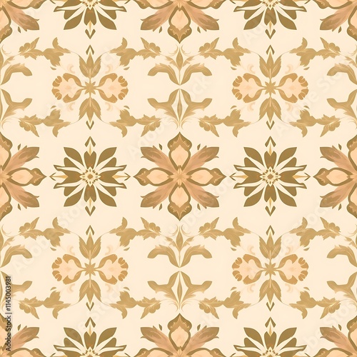 Golden Floral Damask Seamless Pattern: A sophisticated and elegant pattern with a vintage aesthetic, featuring intricate floral motifs in soft, warm tones.